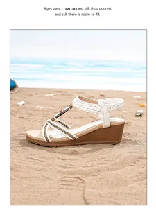 Summer bohemian wedge sandals with white braided straps and stylish wooden sole detail