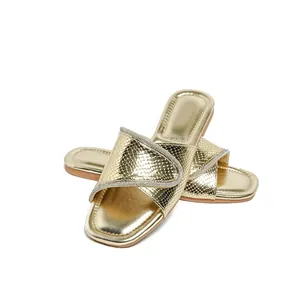 Sandalias planas doradas bohemias con diseño de serpiente y pedrería para mujer