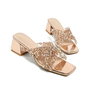 Women's rose gold block heel sandals with rhinestone and pearl crossed straps