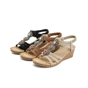 Bohemian wedge sandals with colorful beads and wood grain soles in three colors
