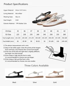 Tableau des tailles détaillé pour sandales à strass avec mesures de pieds en mm