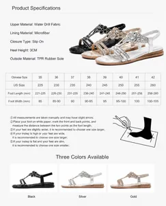 Detailed size chart for rhinestone flat sandals with length and width measurements