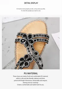 Détail de pierres noires florales et strass brillants sur sandales en cuir PU souple