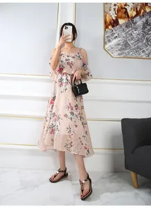 Floral chiffon off-shoulder midi dress with ruffle details and summer bohemian style
