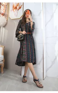 Detail of bohemian printed dress with colorful geometric stripes and asymmetrical hemline