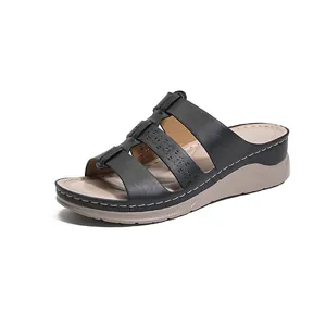 Dames Casual Sleehak Pantoffels Opengewerkt Contraststiksel PU Leer Open Teen Comfortabele Slip On Zomer Strand Outdoor Schoenen