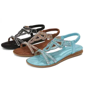 Women's bohemian flat sandals with rhinestones and elastic heel in three colors