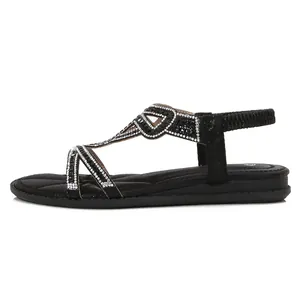 Women's black flat bohemian sandals with T-strap rhinestones and elastic heel strap
