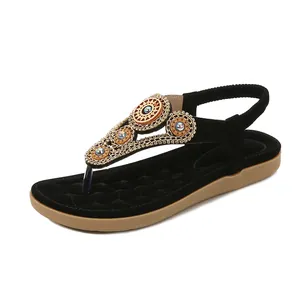 Bohemian γυναικεία σανδάλια flat με διακόσμηση από πέτρες και ελαστικό λουράκι