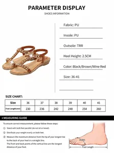 Größentabelle für Strasssandalen mit Maßen für Fußlänge und PU Leder Materialdetails