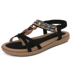 Women Bohemian Flat Sandals Ethnic Beaded Wood Ring Decor Elastic Back Strap PU Leather Casual Beach Summer Shoes