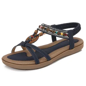Women's bohemian navy flat sandals with colorful beads, sequins and elastic back strap
