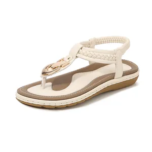 Women Flat T-Strap Sandals With Metallic Buckle Braided Strap Elastic Back Strap Casual Bohemian Flip Flop Beach Shoes
