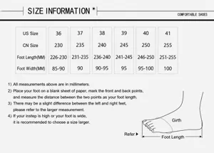 Detailed size chart for flat Roman sandals including foot length and width measurements