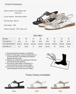 Size guide for women's rhinestone sandals from size 35 to 43 with foot length measurements