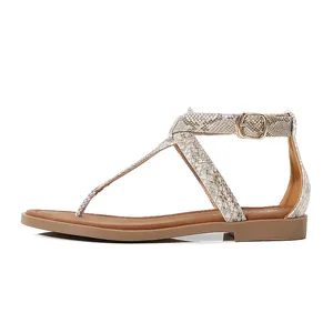 Detail of faux snake skin straps and golden metal buckle on flat T-strap sandals