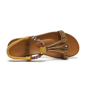 Sandali bassi bohémien da donna con perline etniche e cinturino elastico sul tallone