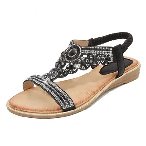 Bohemian black flat sandals with sparkling rhinestones and hollow-out design for women