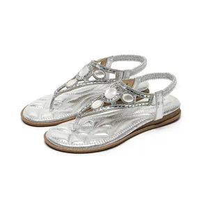Sandali piatti argento da donna stile bohémien con strass scintillanti e cinturino elastico