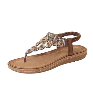 Damen Bohemian Flache Sandalen Strass Perlen Blumen Römersandalen Elastisches Fersenband Komfort Sommer Strand Zehentrenner