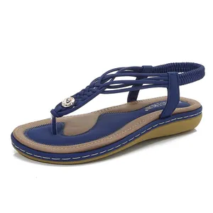 Sandales bohèmes bleu foncé pour femmes avec lanières tressées et bride arrière élastique