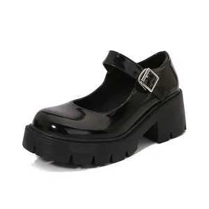 Dames Japanse JK Uniform Zwarte PU Leren Plateau Mary Jane Schoenen Dikke Zool Hoge Hak Gesp Casual Schoenen