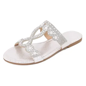 Sandales Plates de Bohême avec Strass pour Femmes Bout Rond Cuir PU Cristaux Étincelants Künstliche Perles Chaussures de Plage Été Décontractées