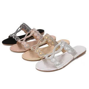 Sandales plates bohèmes pour femmes avec strass étincelants et design en T en quatre couleurs