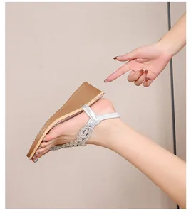 Detailed view of silver wedge sandals with rhinestones and elastic heel strap