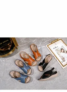Detail of cross-strap sandals featuring breathable perforations and thick wedges