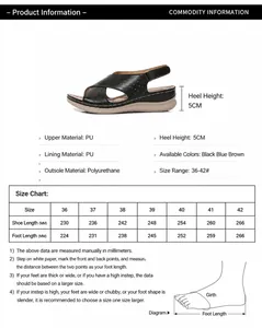 Size chart for women's wedge beach sandals showing shoe lengths from size 36 to 42