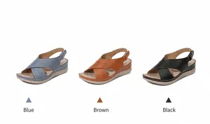 Detailed color display of wedge sandals in blue, brown, and black with cross straps