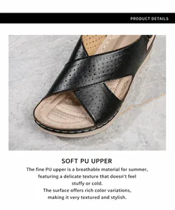 Detail of black wedge sandals featuring breathable laser-cut PU leather and cross straps