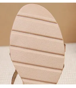Detailed close-up of non-slip rubber sole with grooved patterns on wedge sandals