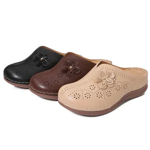 Women's cutout floral platform sandals in black, brown, and beige faux leather