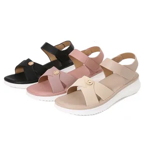 Bohemian elastic strap flat sandals for women in black, pink, and beige with white thick soles