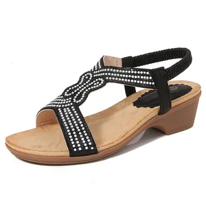 Sandali con zeppa da donna in stile bohémien con strass e cinturino elastico