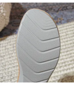 Detail shot of grey wedge sandal sole with anti-slip pattern and deep water wave grooves