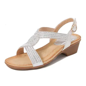 Sandales Compensées de Luxe en Strass Bohème pour Femmes Chaussures d'Été Confortables en Cuir PU à Talon Moyen Avec Bride à Boucle Réglable Quotidien
