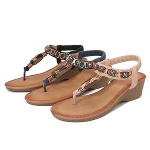 Bohemian wedge sandals with rhinestones and T-strap floral beads in black blue and beige
