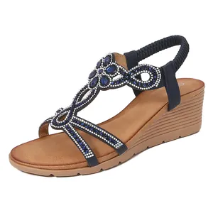 Bohemian wedge sandals for women with navy rhinestone T-strap and platform sole