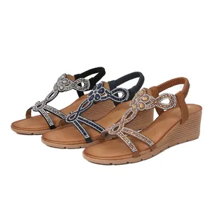 Ladies bohemian platform wedge sandals with rhinestones in black navy and tan colors