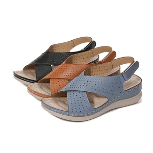 Women's summer platform sandals with laser-cut straps in black, brown and blue colors