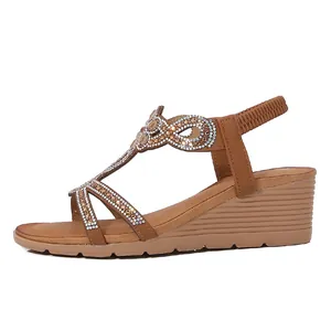 Ladies bohemian wedge sandals with sparkling rhinestones and elastic heel strap