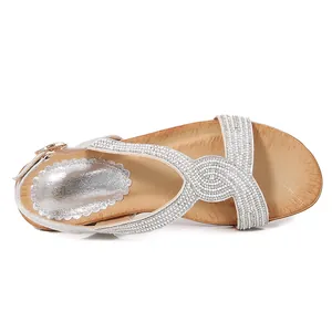 Sandales bohèmes argentées avec strass brillants et semelle compensée pour femmes et filles