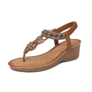Bohemian Wedge Sandals For Women Rhinestone Beads T-Strap Summer Beach Shoes Elastic Back Strap Comfort Platform Wedges