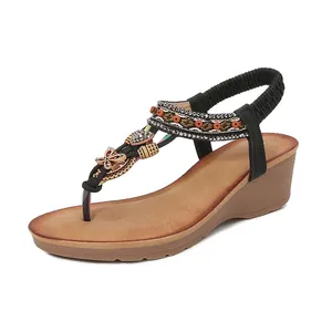 Bohemian wedge sandals for women with T-strap beading and ethnic embroidery detail