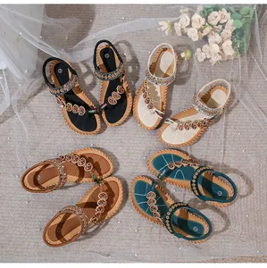 Top view of bohemian flat sandals in four colors with beads and heart sequins