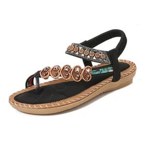 Bohemian women's flat thong sandals with rhinestones and tropical floral prints