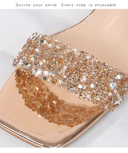 Macro shot of rose gold sandal with champagne rhinestones, sequins and pearls details
